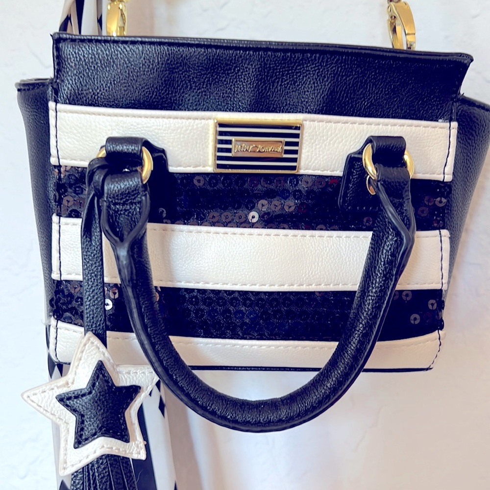 Betsey Johnson Y2K Black White Sequined Crossbody Purse w/ Star Charm